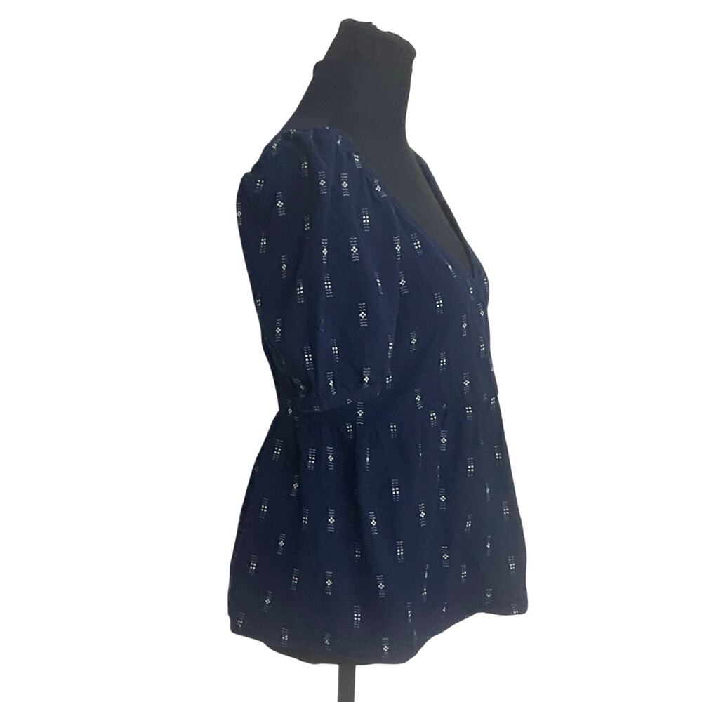Madewell Navy Embroidered Puff Sleeve Peplum Top Small 100% Cotton - Picture 3 of 9